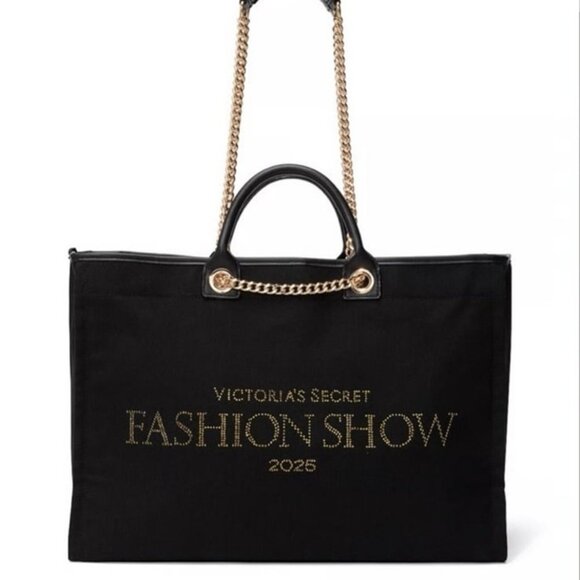 VS FASHION SHOW 2025 BACKSTAGE DOUBLE HANDLE TOTE BLACK/GOLD RHINESTONES LOGO - Picture 3 of 7